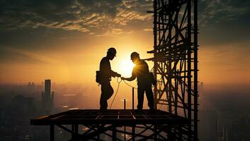 Silhouette of engineer and architect shaking hands on construction site. AI Generated. photo