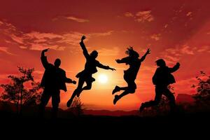Silhouettes of people jumping in the sunset. AI Generated. photo