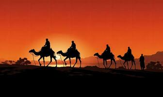 Three wise men on camels in the desert. Vector illustration. AI Generated. photo