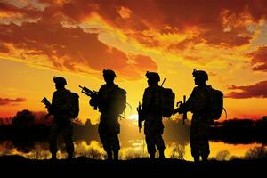 Silhouette of soldiers on the background of the setting sun. AI Generated. photo