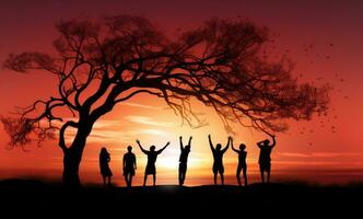 silueta de un grupo de personas bailando debajo un árbol a puesta de sol. ai generado. foto