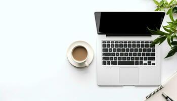 Top view of modern workplace with laptop, coffee cup and notebook on white background. AI Generated. photo