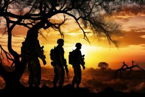 silueta de soldados en el selva a puesta de sol. ai generado. foto