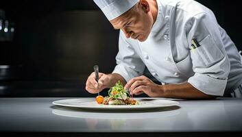 cocinero preparando un ensalada en el cocina a el restaurante. profesional cocinero en un profesional cocina. ai generado. foto