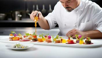 Chef decorating delicious appetizer on white table in restaurant kitchen. AI Generated. photo