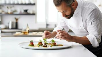 Restaurant menu. Cheerful male chef preparing delicious dish while standing in the kitchen. AI Generated. photo