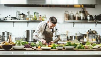 young man in apron cooking vegetable salad in modern kitchen at home. AI Generated. photo