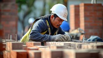 construcción trabajador tendido ladrillos en construcción sitio. ai generado. foto