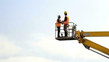 Two construction workers working on a construction site with blue sky background. AI Generated. photo