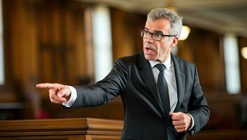 Portrait of a senior man wearing glasses and a suit in a courtroom. AI Generated. photo