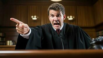 enojado juez en un sala de justicia. ley y justicia tema. estudio disparo. ai generado. foto
