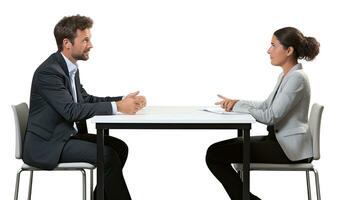 Businessman and businesswoman sitting at table and discussing over white background. AI Generated. photo