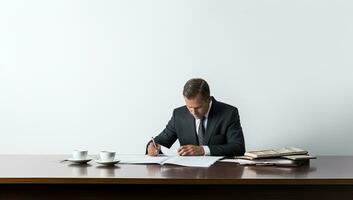 Businessman sitting at his desk and signing a contract, copy space. AI Generated. photo