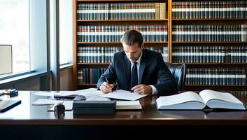 Handsome businessman sitting at his desk in the library and writing notes. AI Generated. photo