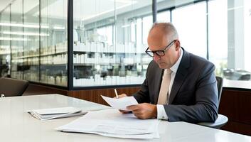 Mature businessman working with documents in office. Mature business man in formal suit and eyeglasses sitting at table and writing notes. AI Generated. photo