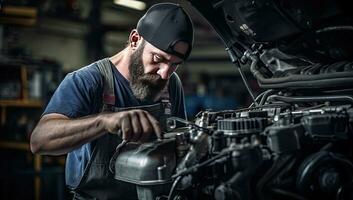 Portrait of a bearded mechanic working on a car in a garage. AI Generated. photo