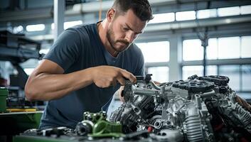 Portrait of a young man repairing a car engine in a garage. AI Generated. photo