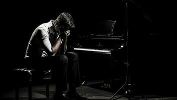 Young man playing grand piano on black background. Black and white photo. AI Generated. photo