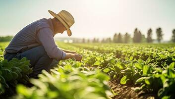 Farmer working in his field, examining the growth of tobacco plants. AI Generated. photo