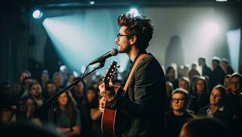 Handsome man playing on the guitar in front of a crowd. AI Generated. photo