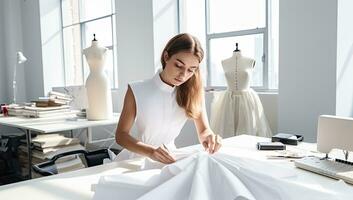 young fashion designer working with crumpled fabric in modern sewing studio. AI Generated. photo
