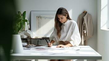 hermosa joven Moda diseñador trabajando con bocetos en moderno oficina a tiempo de día. ai generado. foto