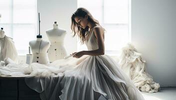 hermosa joven mujer Moda diseñador trabajando en nuevo colección de Boda vestidos. ai generado. foto