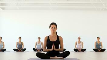 Women meditating in lotus pose in yoga studio. Yoga class concept. AI Generated. photo