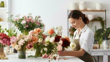 Florist making beautiful bouquet in modern flower shop, closeup. AI Generated. photo