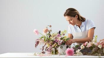 Young woman florist making beautiful bouquet at table in flower shop. AI Generated. photo