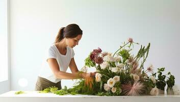 Young woman florist making bouquet in flower shop, copy space. AI Generated. photo