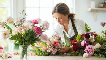 florista haciendo hermosa ramo de flores en flor tienda. joven mujer florista trabajando en flor tienda. ai generado. foto