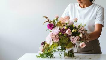 Female florist making a beautiful bouquet in her flower shop. AI Generated. photo