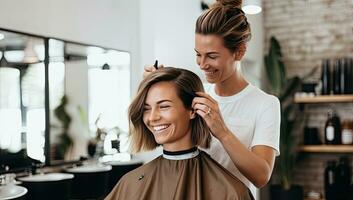 sonriente peluquero haciendo Corte de pelo para mujer en belleza salón. ai generado. foto