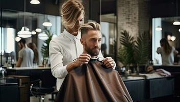 profesional peluquero corte del hombre pelo en peluquería. ai generado. foto