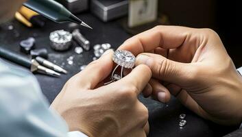 Jeweler working on a diamond ring in a jewelery shop. AI Generated. photo