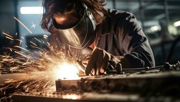 Industrial worker working with electric arc welding machine to weld steel at factory. AI Generated. photo