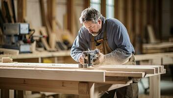 Carpenter working on his craft in a carpentry workshop. AI Generated. photo