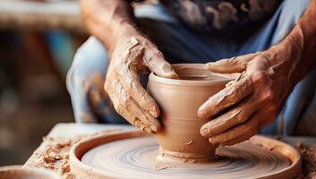 hands of a potter, creating an earthen jar on the circle. AI Generated. photo