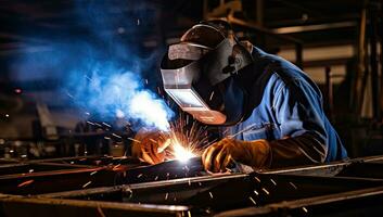 Welder in protective clothing welds metal parts in a factory. AI Generated. photo