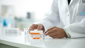 Close up of a female doctor holding a test tube with orange liquid. AI Generated. photo