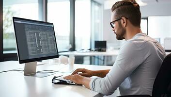 Side view of young man in eyeglasses working on computer in office. AI Generated. photo