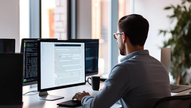 Programmer working on computer at night in office. Programmer typing code on computer. AI Generated. photo