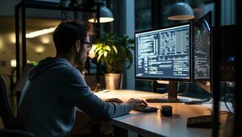 Side view of male programmer working on computer late at night in office. AI Generated. photo