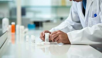 Close up of a male doctor working with a test tube in a laboratory. AI Generated. photo