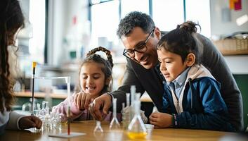 sonriente profesor y niños en los anteojos mirando a prueba tubos en Ciencias clase. ai generado. foto