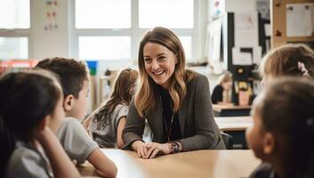 Portrait of smiling teacher sitting at desk with her students in classroom. AI Generated. photo