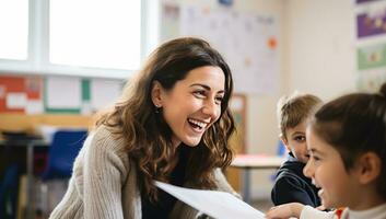 Portrait of smiling teacher and her students in classroom at elementary school. AI Generated. photo