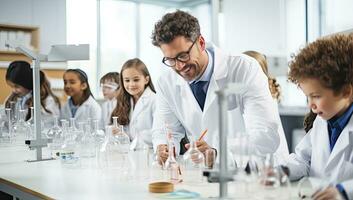 group of children in science class with teacher and microscope making test in laboratory. AI Generated. photo
