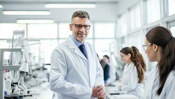 Portrait of confident mature male scientist in white coat and eyeglasses standing with crossed arms in modern laboratory. AI Generated. photo